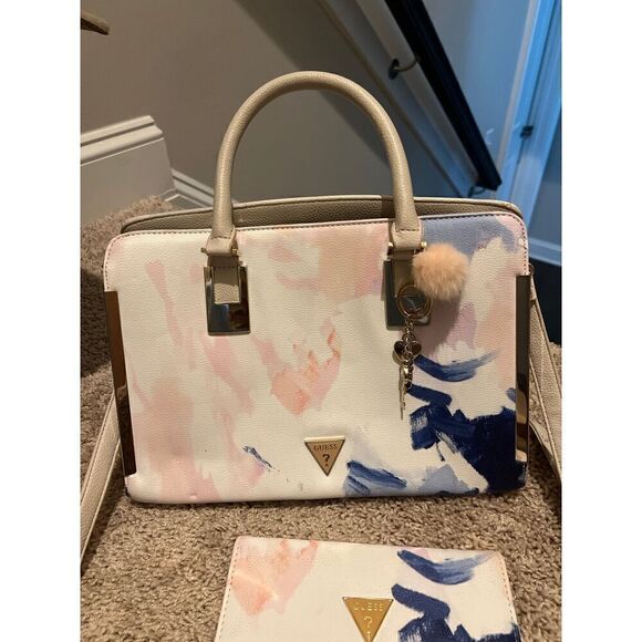 Guess Blush Pink Water color Brush Strokes Top Handle Crossbody Bag + Wallet - Picture 8 of 8